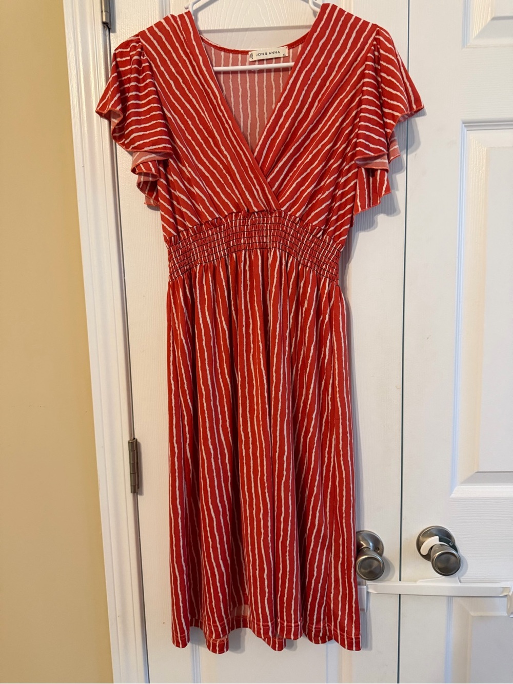 Jon & Anna Red and White Striped V-Neck Smocked Midi Dress